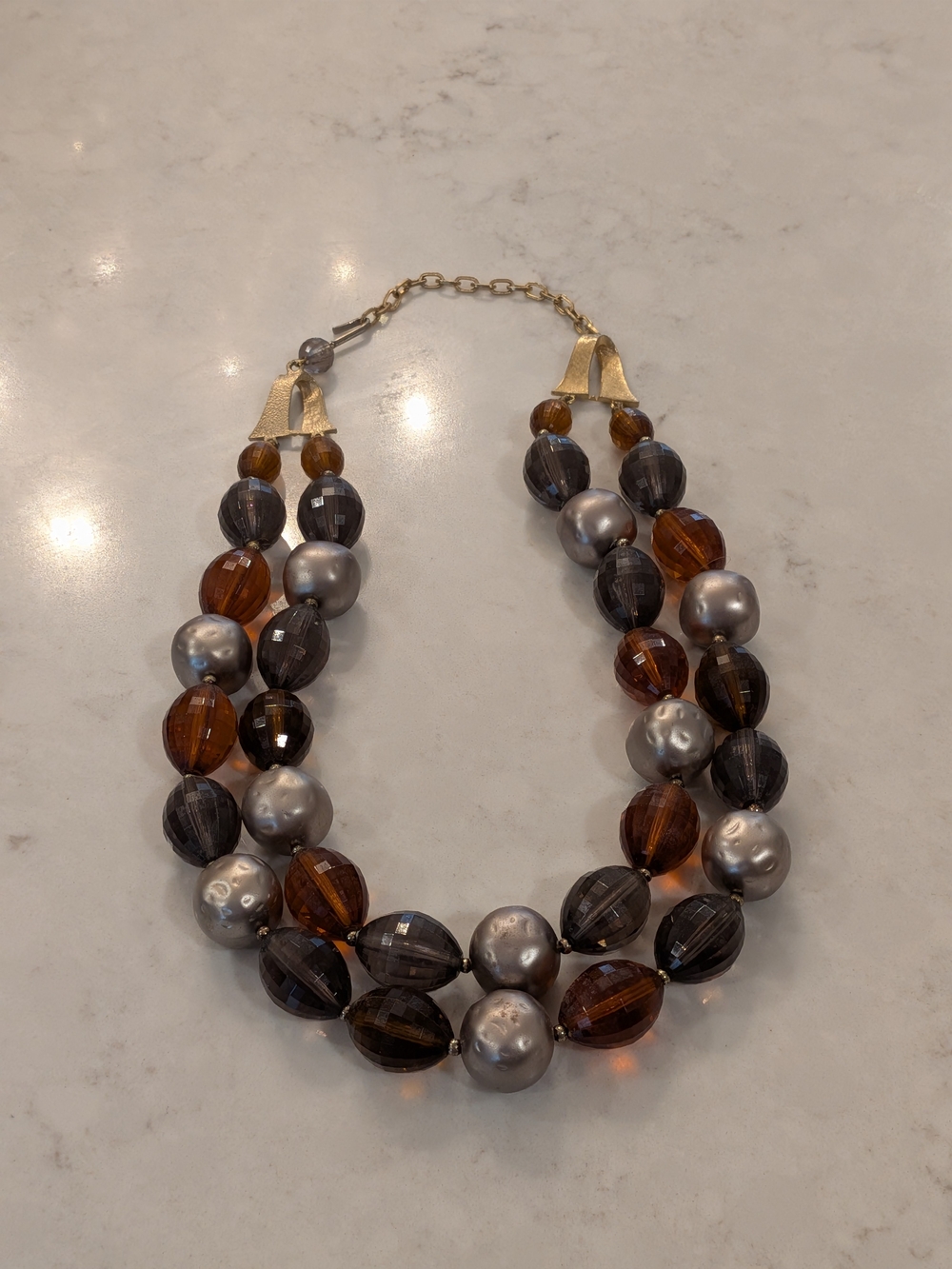 Designer-Inspired Two-Strand Beaded Necklace in Amber and Gunmetal